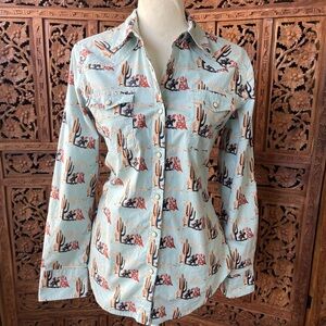 Vintage Western Desert cowboy roper pearl snap Button-Up Shirt in Light Blue